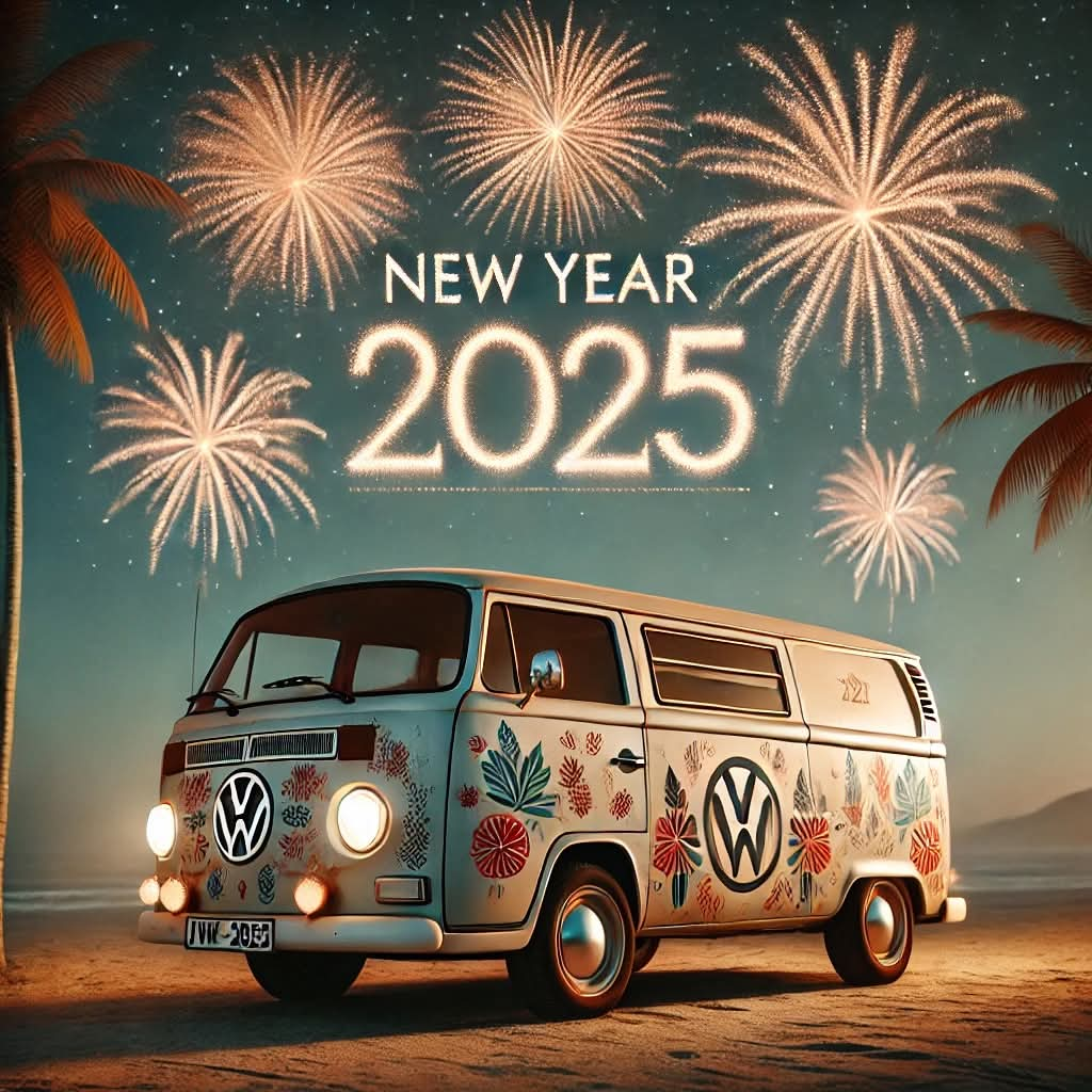 carte de voeux 2025 avec un combi vw vintage camper